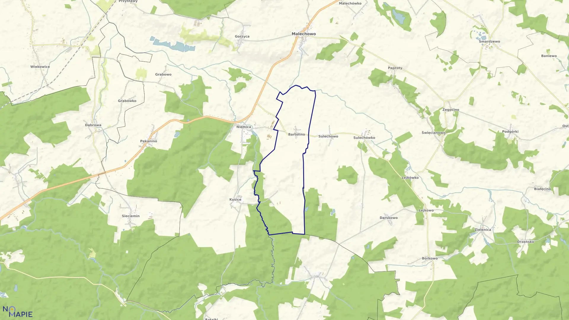 Mapa obrębu Bartolino w gminie Malechowo