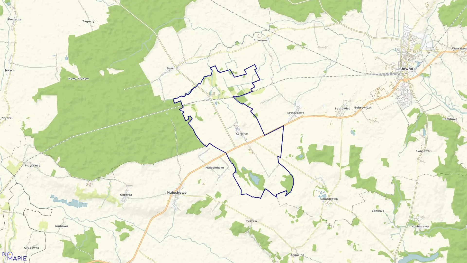 Mapa obrębu Karwice w gminie Malechowo